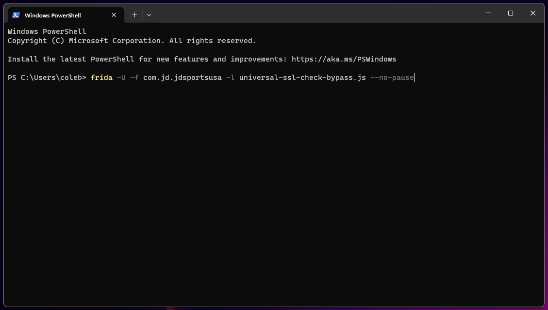 Frida command used against the JD Sports Android app